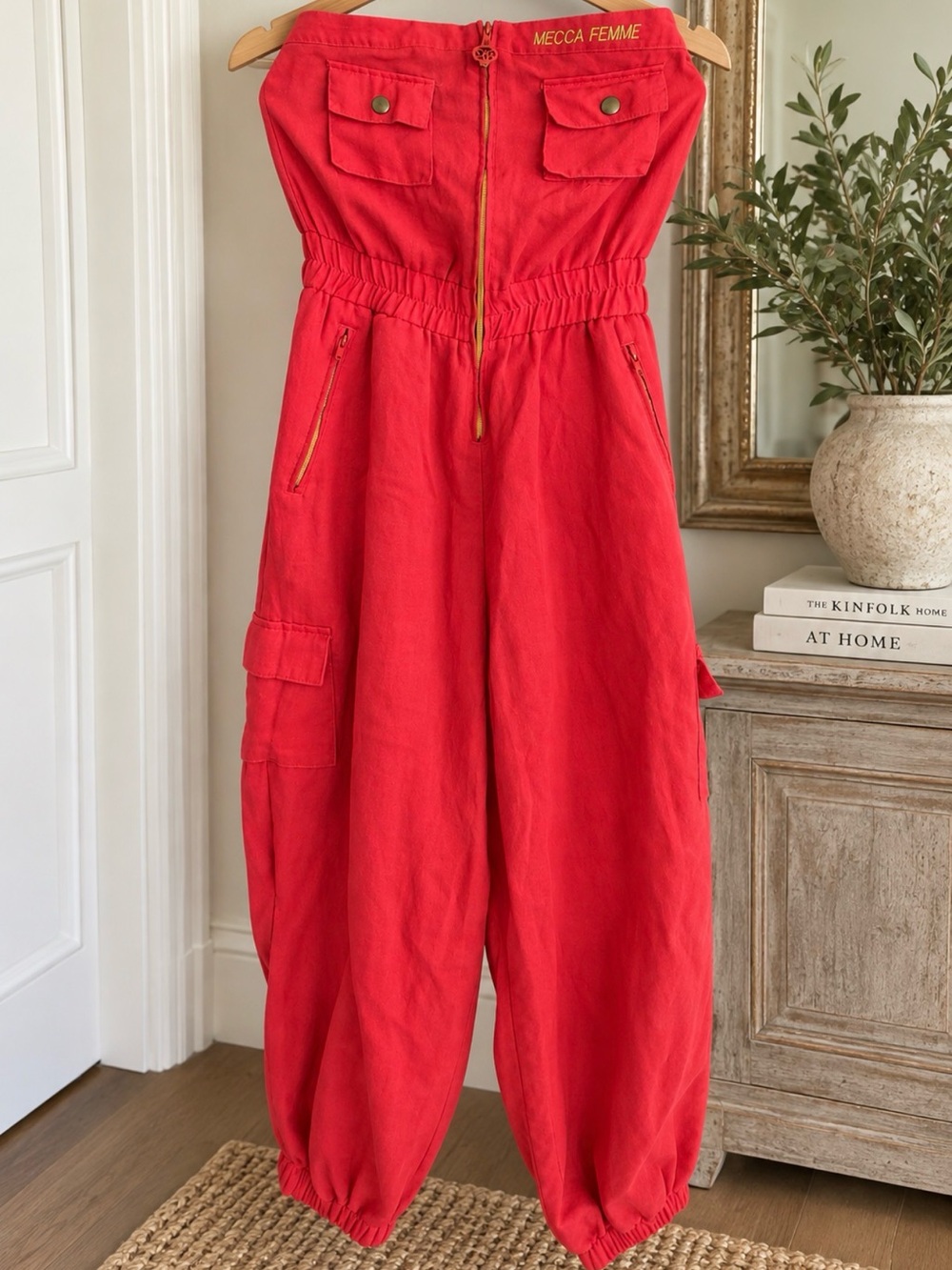 Mecca Femme Strapless Cargo Jumpsuit Red Y2K Streetwear Size Large